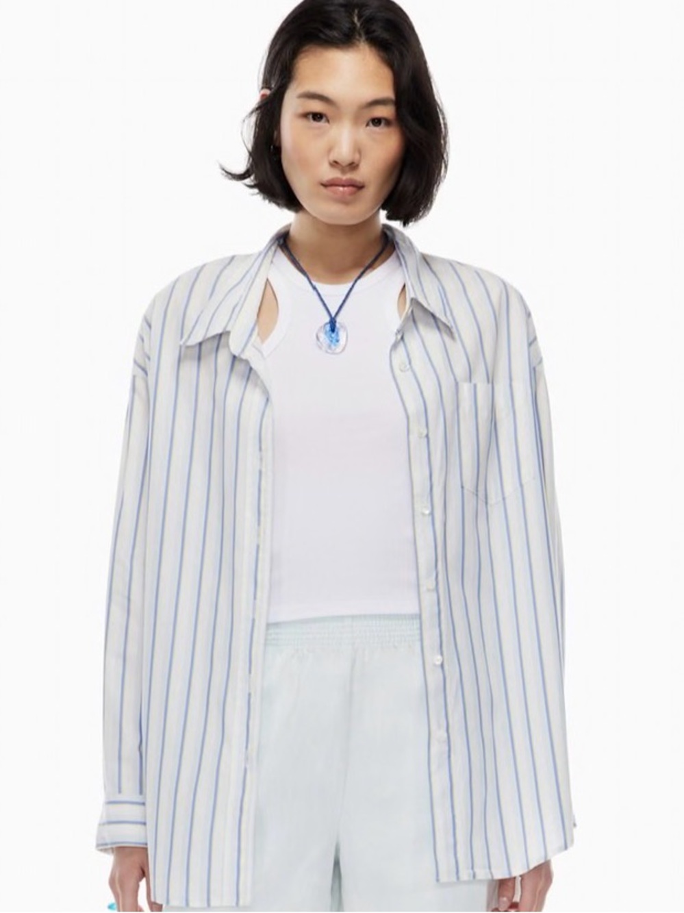 Aritzia WILFRED Free Relaxed Striped Poplin Button Down Shirt Size M - Picture 9 of 10